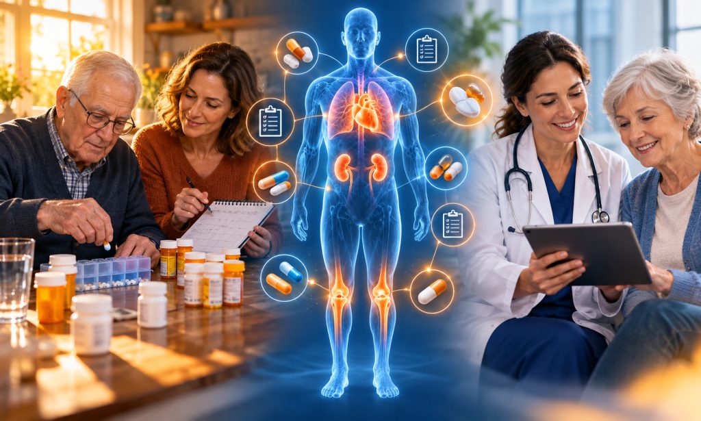 Senior managing several medications with his daughter, and a primary care provider reviewing a care plan with a patient.